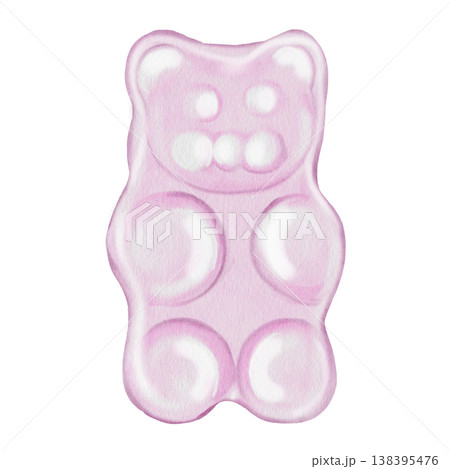 Watercolor gummy bear. Tender candy in the shape of a bear. Clip art. Perfect for designing and packaging sweets and vitamins. 138395476