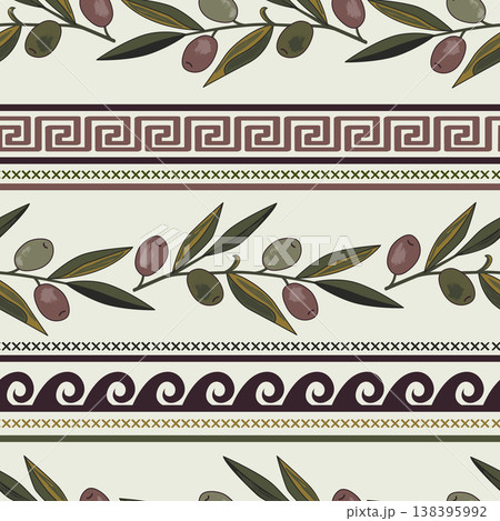 Seamless pattern with olives, meander, and other classical Greek symbols. Rich ancient stylized ornament. Vector illustration 138395992
