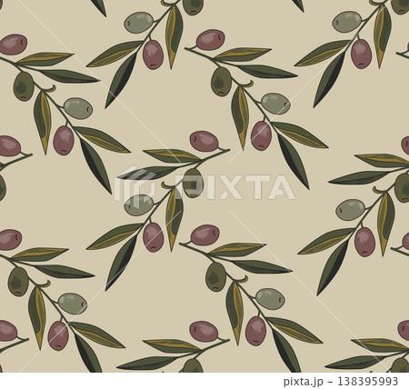 Vintage hand drawn olive branches seamless pattern. Vector illustration background Vintage hand drawn olive branches seamless pattern. Vector illustration background 138395993