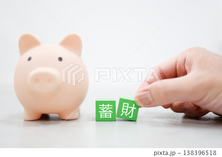 蓄財・貯金イメージ 豚の貯金箱と緑ブロック文字・資産運用 138396518