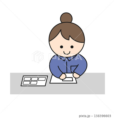 シール貼りの作業をするかわいい女性|丸みのあるキャラクター風のイラスト シール貼りの作業をするかわいい女性|丸みのあるキャラクター風のイラスト 138396603