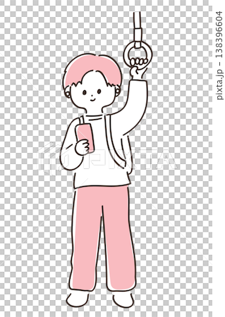 A young man is holding onto a strap on the train and looking at his smartphone. A young man is holding onto a strap on the train and looking at his smartphone. 138396604