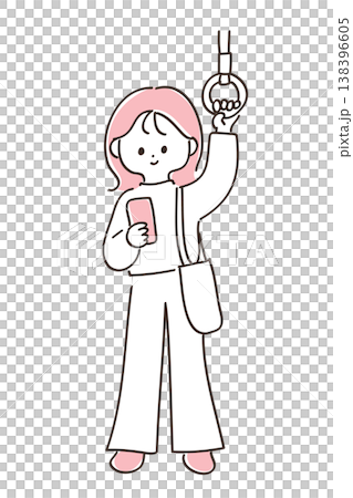電車で吊り革を掴んでスマートフォンを見る若い女性 138396605