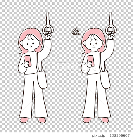 Young woman looking at her smartphone on the train | Set of smiling and displeased expressions 138396607