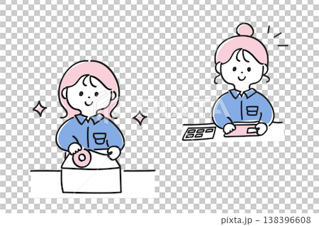 A set of cute and relaxed illustrations of women applying stickers and labels or packaging. A set of cute and relaxed illustrations of women applying stickers and labels or packaging. 138396608