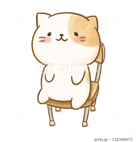 椅子に座り静かに話を聞く明るく優しい白猫の水彩イラスト。背景透過・白バック。園生活、お話、集中、マナ 椅子に座り静かに話を聞く明るく優しい白猫の水彩イラスト。背景透過・白バック。園生活、お話、集中、マナ 138396673
