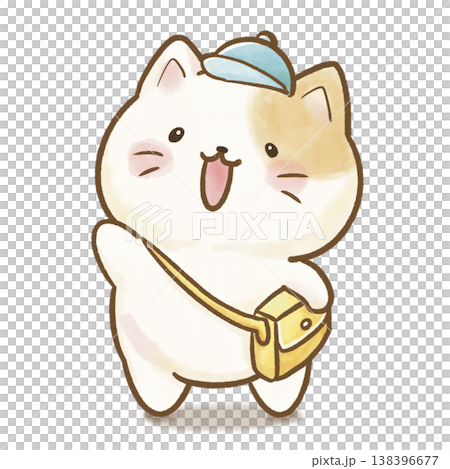 A bright and gentle white cat raising its hand, entering/going to kindergarten. Transparent background, white background. Greetings, crosswalk, new life in spring, kindergarten entrance ceremony. 138396677
