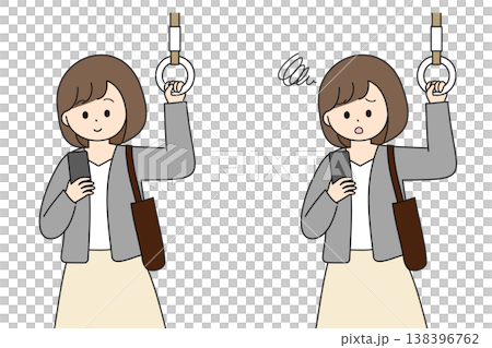 電車で通勤中にスマートフォンを見る若いビジネスパーソンの女性|笑顔と困った顔のセット 電車で通勤中にスマートフォンを見る若いビジネスパーソンの女性|笑顔と困った顔のセット 138396762