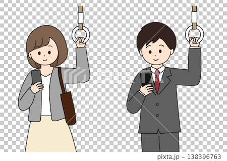 通勤中の電車でスマートフォンを見るビジネスマンの男女 138396763