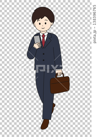 一位身穿西裝的男士邊走邊使用智慧型手機 | 簡潔的極簡主義插畫 138396765