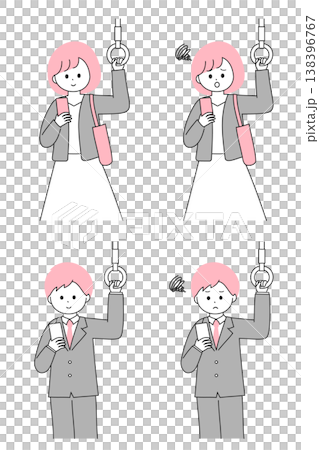 電車で通勤中にスマートフォンを見る若いビジネスパーソン|男性と女性・笑顔と困った顔のセット 電車で通勤中にスマートフォンを見る若いビジネスパーソン|男性と女性・笑顔と困った顔のセット 138396767