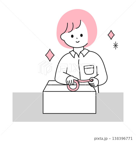 段ボールにガムテープを貼る女性のフラットでかわいいイラスト 138396771