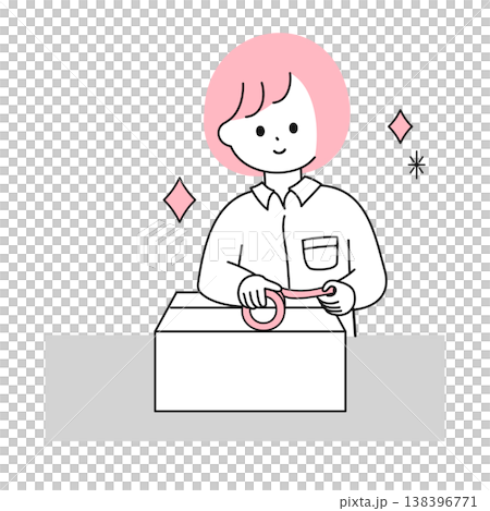 段ボールにガムテープを貼る女性のフラットでかわいいイラスト 138396771