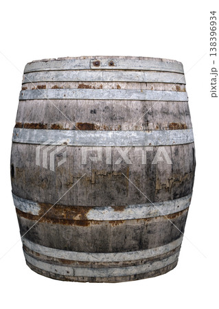 Old traditional oak barrel for wine aging isolated on a white background. Isolated object photography of an aged wooden cask used for whiskey, bourbon, or beer storage in a cellar. Old traditional oak barrel for wine aging isolated on a white background. Isolated object photography of an aged wooden cask used for whiskey, bourbon, or beer storage in a cellar. 138396934