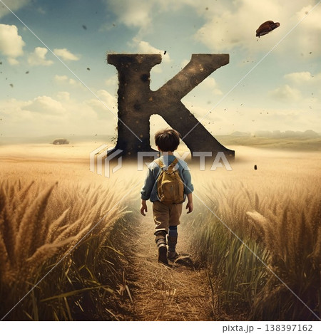 Little boy walking in wheat field with letter K. Education concept. Little boy walking in wheat field with letter K. Education concept. 138397162