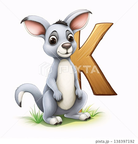 Cute cartoon kangaroo with wooden letter K on white background 138397192