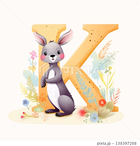 Cute cartoon animal alphabet. Letter K with a hare. 138397208