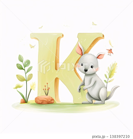 K letter with cute cartoon kangaroo and plants. Vector illustration. K letter with cute cartoon kangaroo and plants. Vector illustration. 138397210