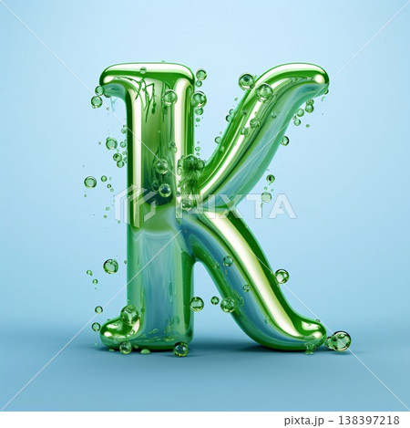 Green liquid letter K on blue background. 3d rendering illustration. Green liquid letter K on blue background. 3d rendering illustration. 138397218
