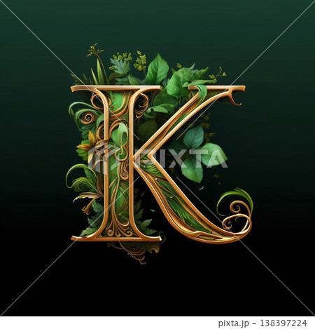 Golden letter K with green leaves on a dark green background. Vector illustration. 138397224