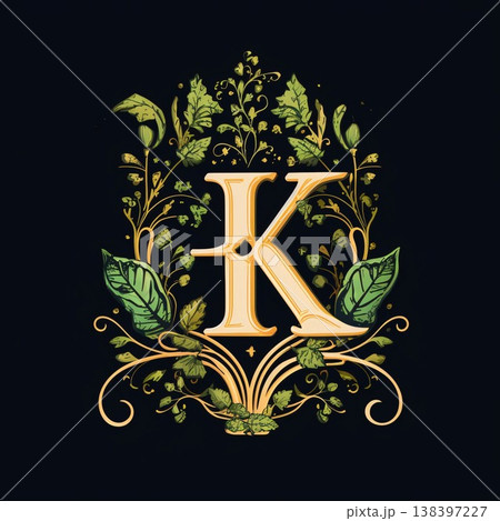Vintage letter K monogram, ornate floral capital lettering in retro style. Ornate floral capital with leaves and flowers. Vintage letter K monogram, ornate floral capital lettering in retro style. Ornate floral capital with leaves and flowers. 138397227