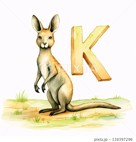 K letter with kangaroo. Hand drawn illustration isolated on white background 138397296