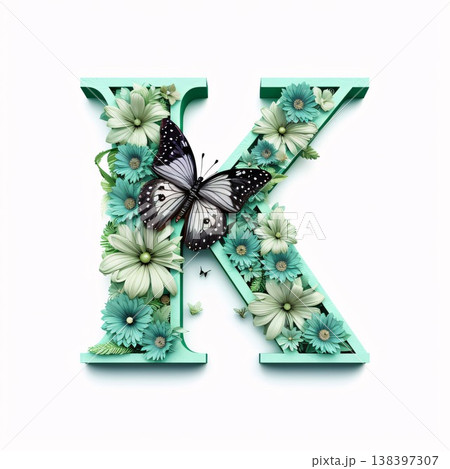 Floral capital letter K with flowers and butterfly isolated on white background 138397307