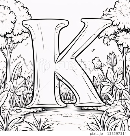 Outline letter K in the garden with flowers. Vector illustration. 138397314