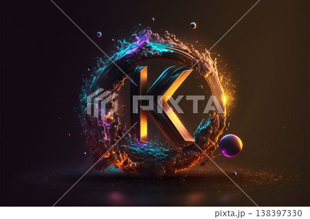 3d rendering of letter K in the form of an explosion of colored particles. 138397330