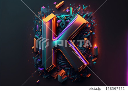 3d illustration of letter K in neon style. Letter K is located in the center of the frame. 3d illustration of letter K in neon style. Letter K is located in the center of the frame. 138397331