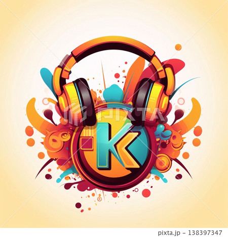 Colorful vector illustration with headphones and letter K on colorful background. Colorful vector illustration with headphones and letter K on colorful background. 138397347