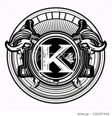 Vintage monochrome illustration with letter K in the center of shield Vintage monochrome illustration with letter K in the center of shield 138397348