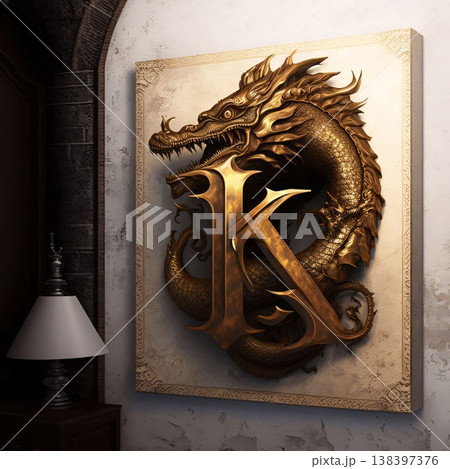 Bronze dragon on the wall in the room. 3d render letter K 138397376