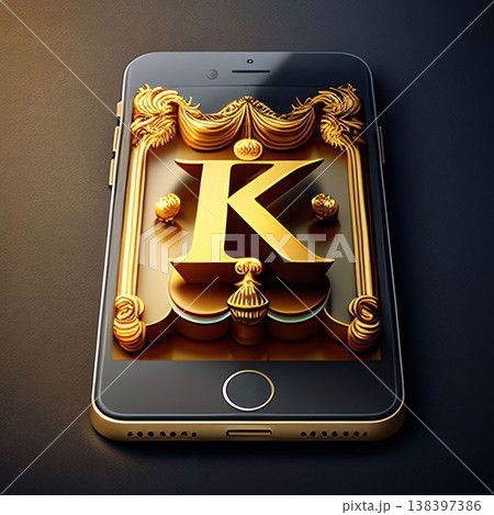 Smartphone with golden letter K on the screen. 3d illustration Smartphone with golden letter K on the screen. 3d illustration 138397386