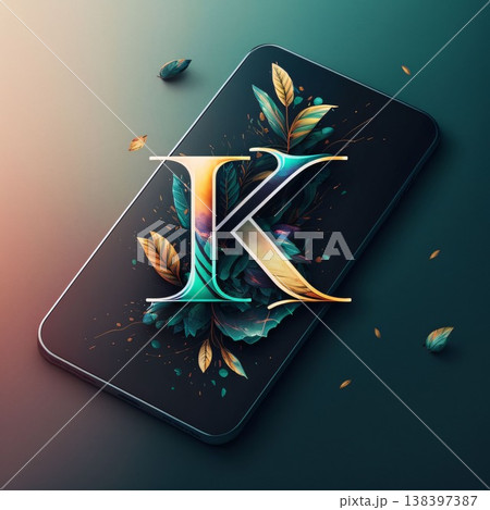 Alphabet letter K on black smartphone screen with leaves background. Vector illustration. 138397387