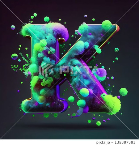 3d letter K uppercase with colorful paint splashes isolated on black background 3d letter K uppercase with colorful paint splashes isolated on black background 138397393
