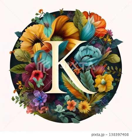 Floral alphabet. Letter K made of colorful flowers and leaves. 138397408