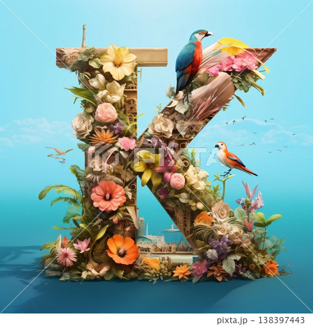 Letter K made of flowers and birds on blue background. 3D rendering Letter K made of flowers and birds on blue background. 3D rendering 138397443