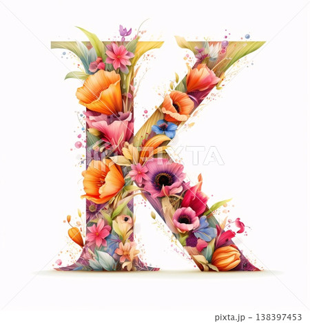 Letter K of the alphabet made of flowers and leaves, vector illustration 138397453