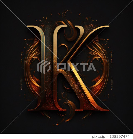 K letter with floral ornament, isolated on black background. Vector illustration. 138397474