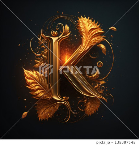 K letter with leaves and floral pattern in gold and black colors. 138397548