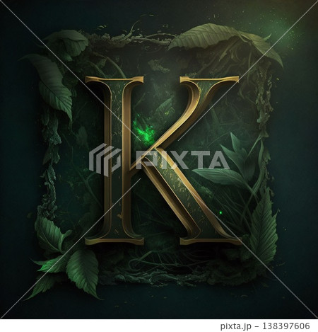 Vintage letter K with green leaves on dark background. 3D rendering 138397606