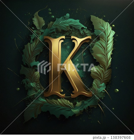 Golden letter K with green leaves on dark background. Vector illustration. 138397608