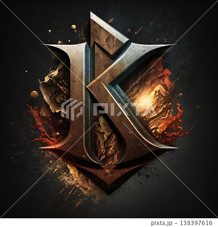 grunge metal letter k with fire on it. 3d illustration 138397616