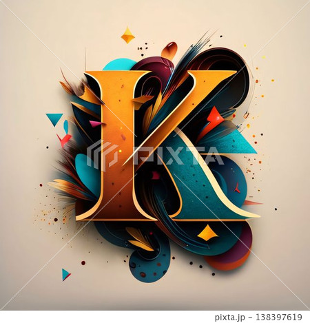 3d illustration of k letter with colorful abstract shapes and lines. 3d illustration of k letter with colorful abstract shapes and lines. 138397619