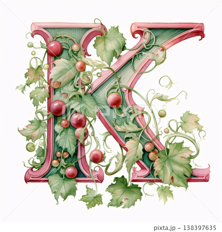 Letter K of the English alphabet with grapes and leaves. Vector illustration. 138397635