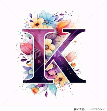 Beautiful letter K with watercolor flowers and leaves for your design 138397777