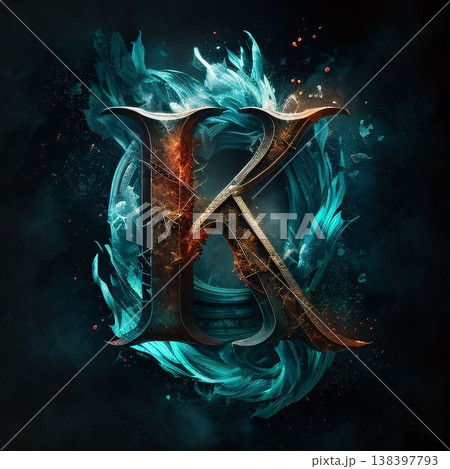 Futuristic letter K on a dark background with fire and smoke Futuristic letter K on a dark background with fire and smoke 138397793