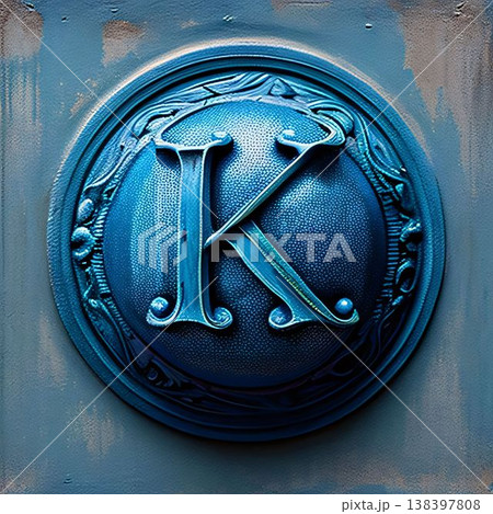 blue metal plate with ornament - letter K close-up macro photo 138397808