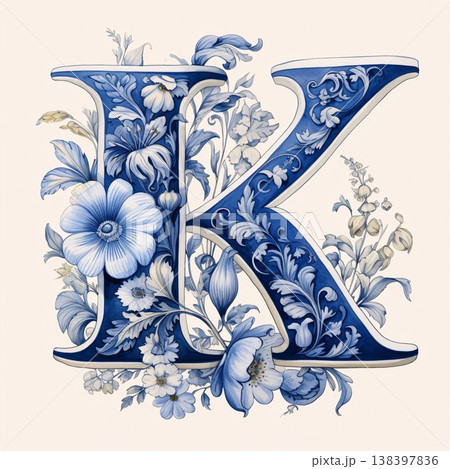 Vintage floral capital letter K with flowers in gzhel style 138397836